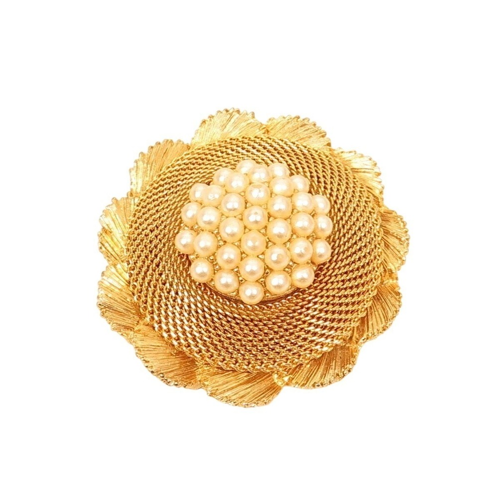 Vintage Round Tiered Mesh Dome Faux Pearl Gold Plated Pin Brooch*1-7/8"